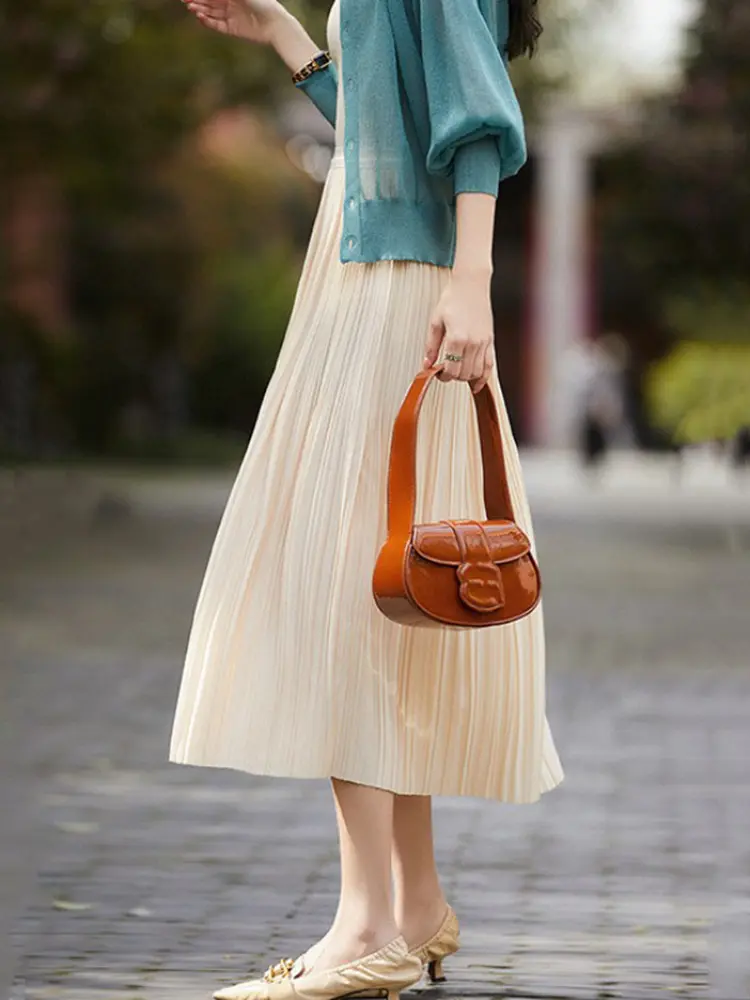 LANMREM Purple Folded Design 2025 Summer New Women's Pleated Skirt Elegant Versatile Elastic Waist Skirts 2025 Chic New 2DB3493
