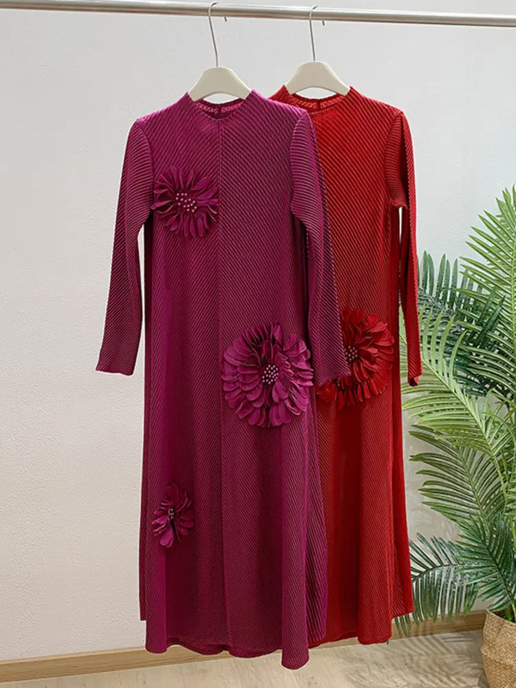 LANMREM Handmade Folded Flower Nail Bead Pleated Women's Dress 2025 New Loose Casual Stand Collar Long Sleeve Dresses 2DB3048