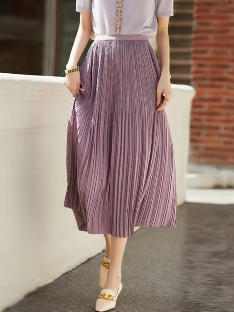 LANMREM Purple Folded Design 2025 Summer New Women's Pleated Skirt Elegant Versatile Elastic Waist Skirts 2025 Chic New 2DB3493
