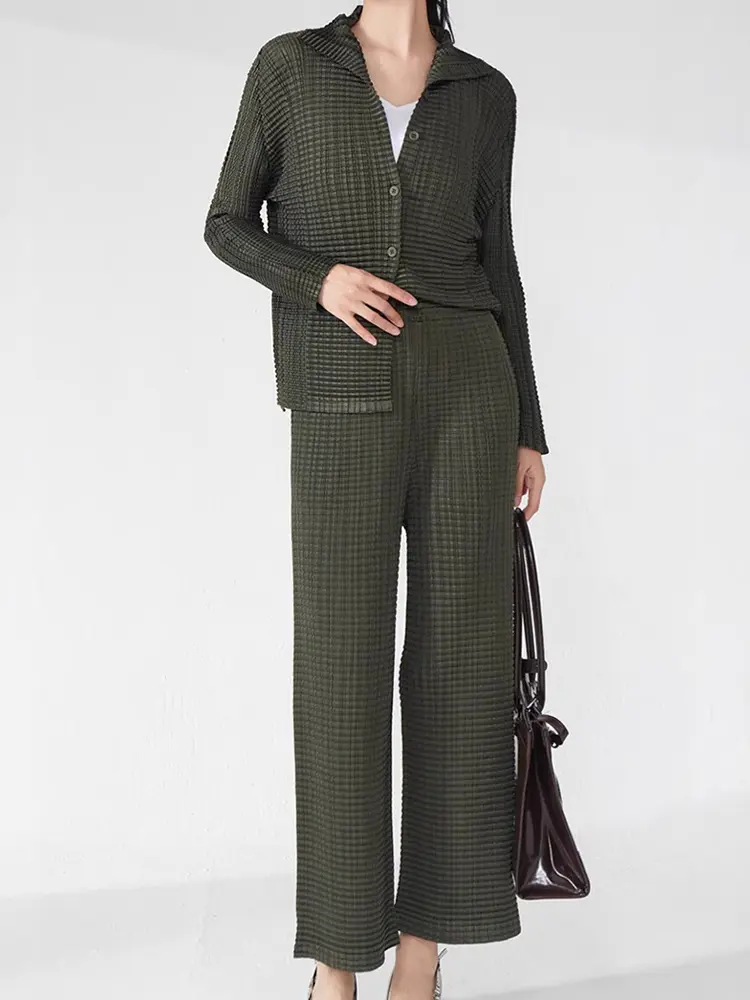 LANMREM Pleated Women's Clothing Lapel Single Breasted Shirt + Elastic Waist Straight Pants 2025 New Slim Two-piece Set 2DB3319