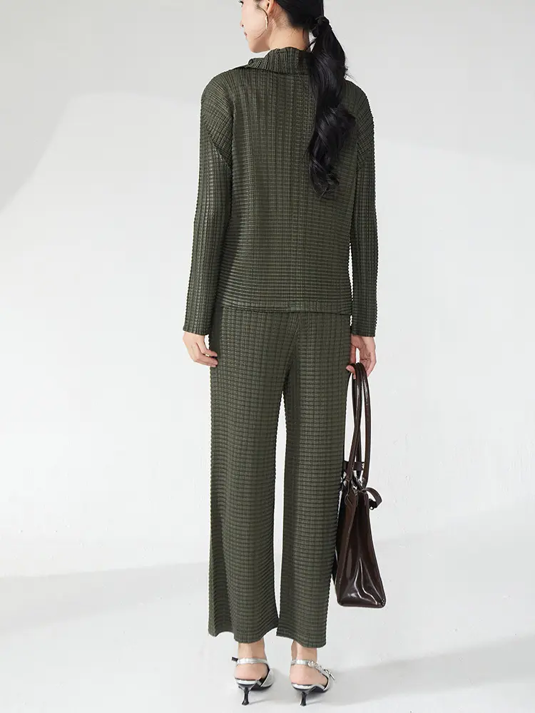 LANMREM Pleated Women's Clothing Lapel Single Breasted Shirt + Elastic Waist Straight Pants 2025 New Slim Two-piece Set 2DB3319