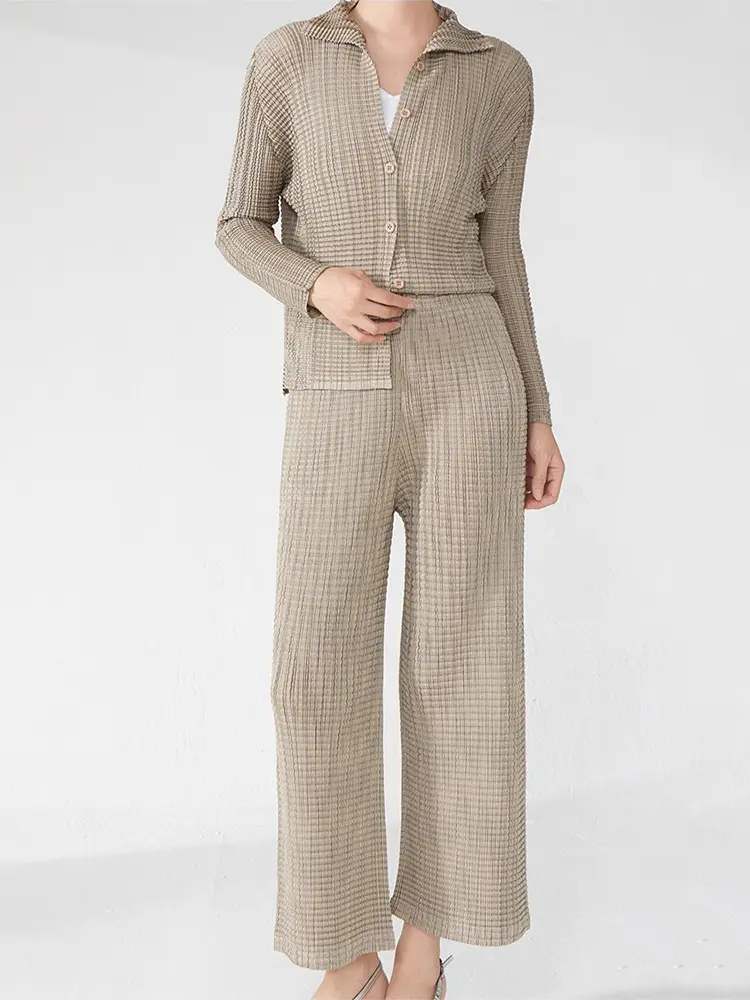 LANMREM Pleated Women's Clothing Lapel Single Breasted Shirt + Elastic Waist Straight Pants 2025 New Slim Two-piece Set 2DB3319