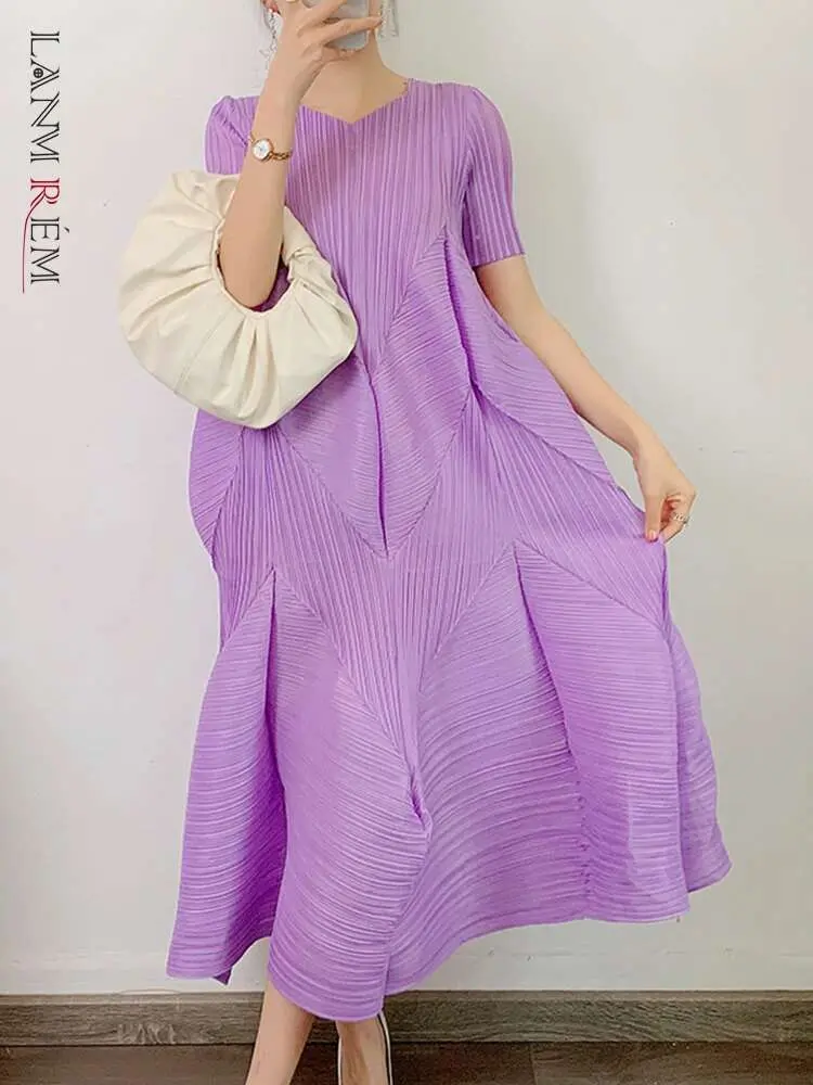 LANMREM Solid Pleated Dress For Women V-neck Short Sleeves A-line Ruffles Dresses Elegant Female Clothing 2024 Summer New 2YA656