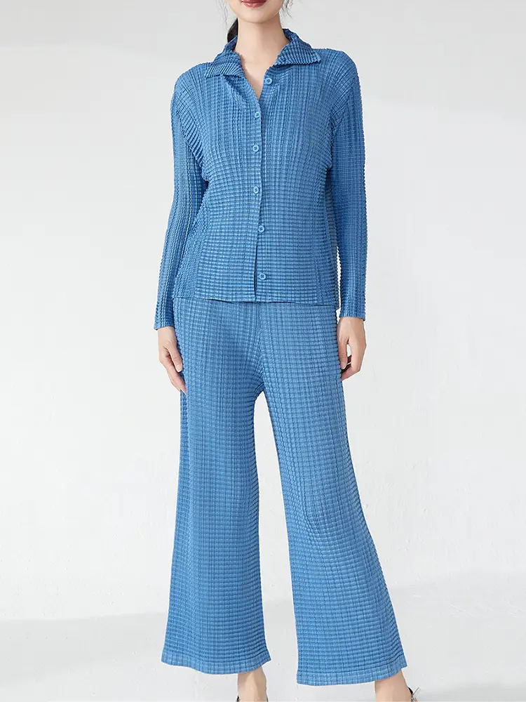 LANMREM Pleated Women's Clothing Lapel Single Breasted Shirt + Elastic Waist Straight Pants 2025 New Slim Two-piece Set 2DB3319