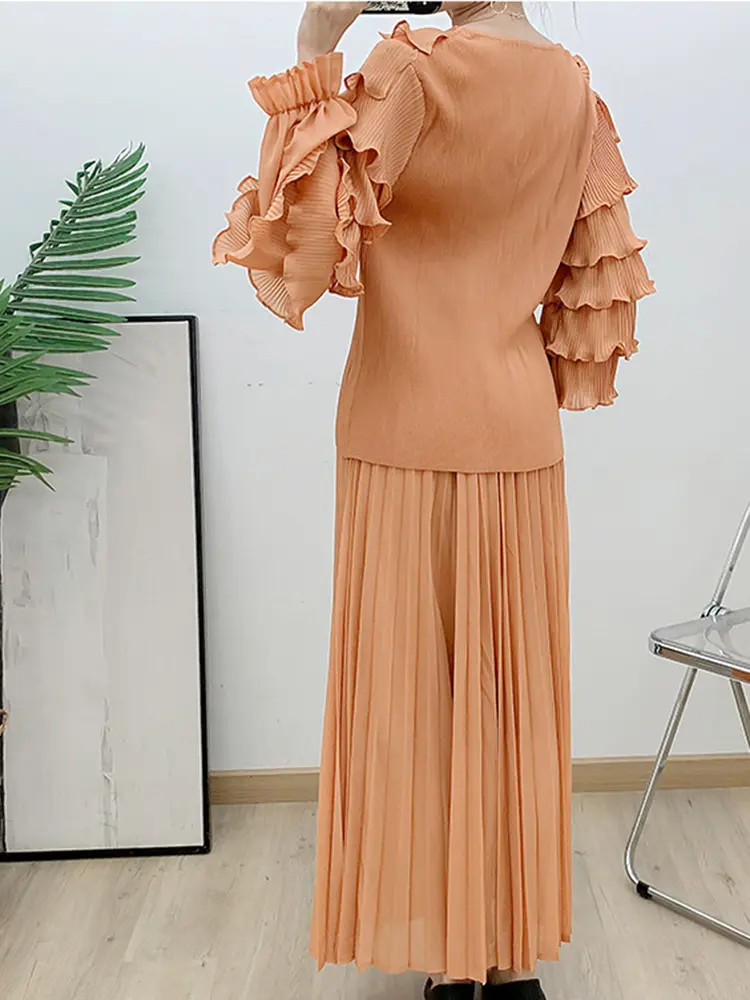LANMREM Flounce Pleated Two-piece Set Women's O-neck Petal Sleeve Tops With Elastic Waist Skirt Female 2025 Spring New 2Z3035