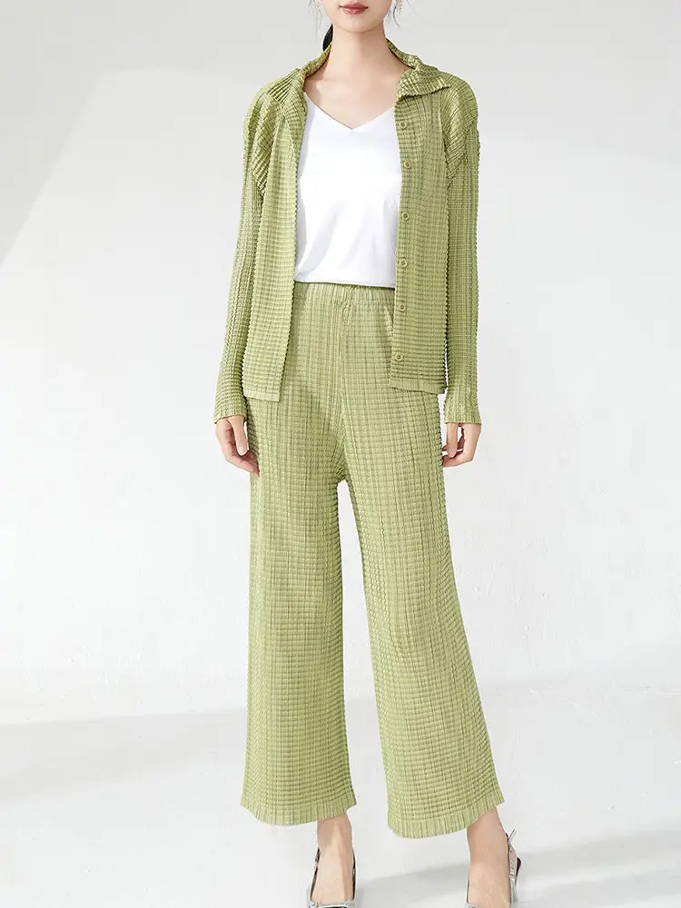 LANMREM Pleated Women's Clothing Lapel Single Breasted Shirt + Elastic Waist Straight Pants 2025 New Slim Two-piece Set 2DB3319
