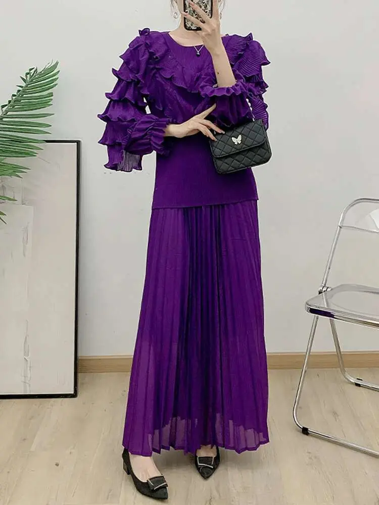 LANMREM Flounce Pleated Two-piece Set Women's O-neck Petal Sleeve Tops With Elastic Waist Skirt Female 2025 Spring New 2Z3035