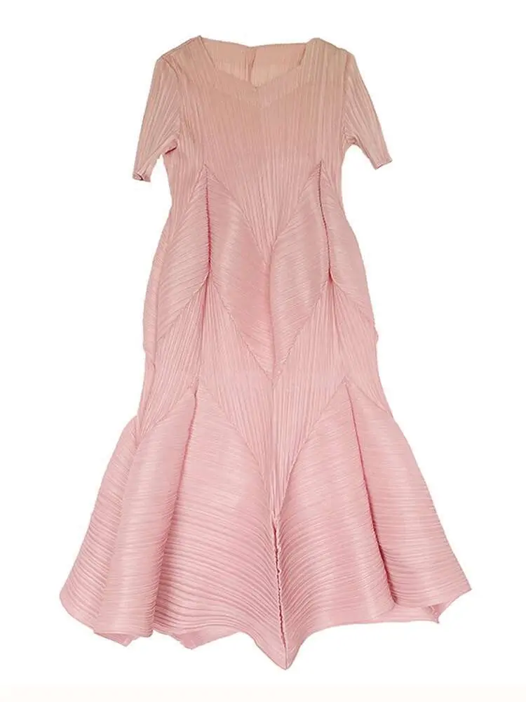 LANMREM Solid Pleated Dress For Women V-neck Short Sleeves A-line Ruffles Dresses Elegant Female Clothing 2024 Summer New 2YA656