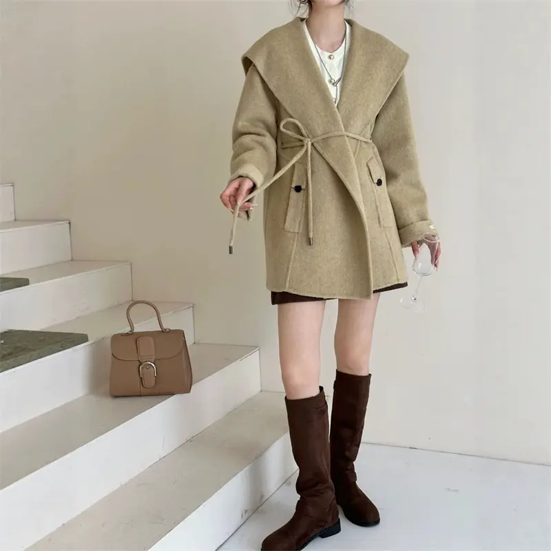 LANMREM High Qualtiy Korean Trendy Kahki Wool Coat Lapel Drop Shoulder Long Sleeves Tie-Up Warm Mid-Length Woolen Jacket 2DB4111