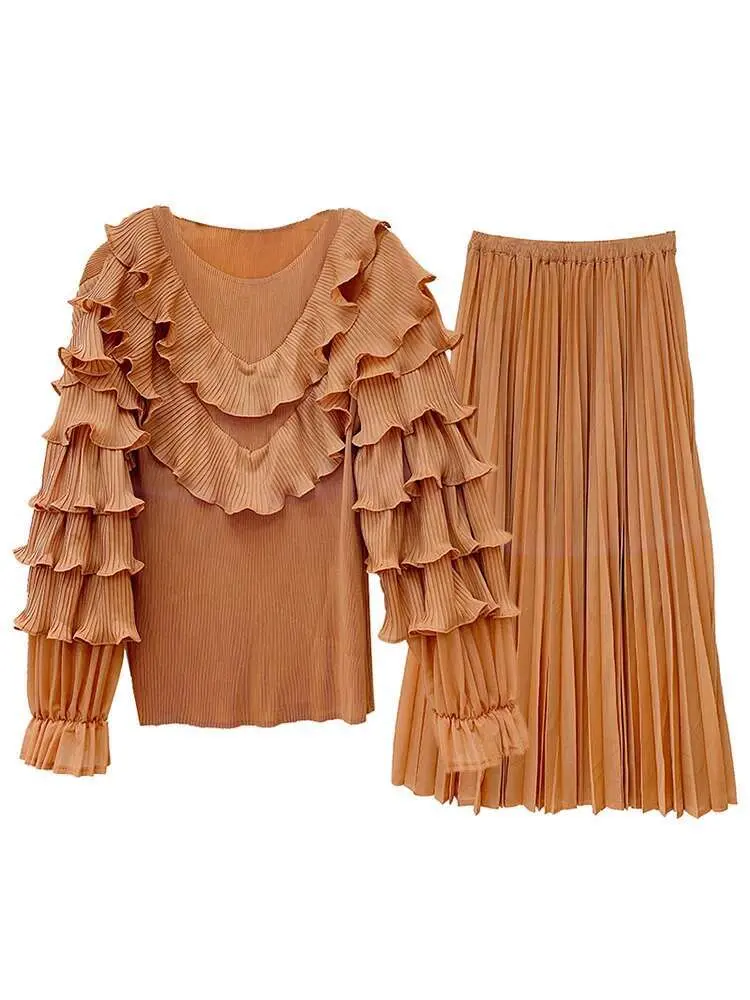 LANMREM Flounce Pleated Two-piece Set Women's O-neck Petal Sleeve Tops With Elastic Waist Skirt Female 2025 Spring New 2Z3035