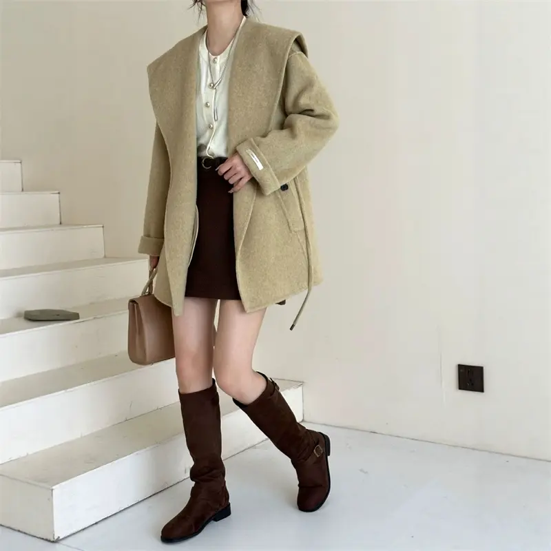 LANMREM High Qualtiy Korean Trendy Kahki Wool Coat Lapel Drop Shoulder Long Sleeves Tie-Up Warm Mid-Length Woolen Jacket 2DB4111
