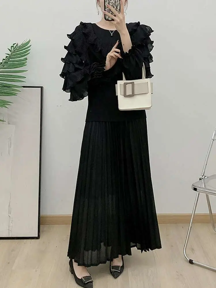 LANMREM Flounce Pleated Two-piece Set Women's O-neck Petal Sleeve Tops With Elastic Waist Skirt Female 2025 Spring New 2Z3035