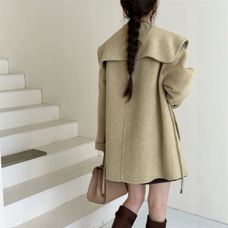 LANMREM High Qualtiy Korean Trendy Kahki Wool Coat Lapel Drop Shoulder Long Sleeves Tie-Up Warm Mid-Length Woolen Jacket 2DB4111