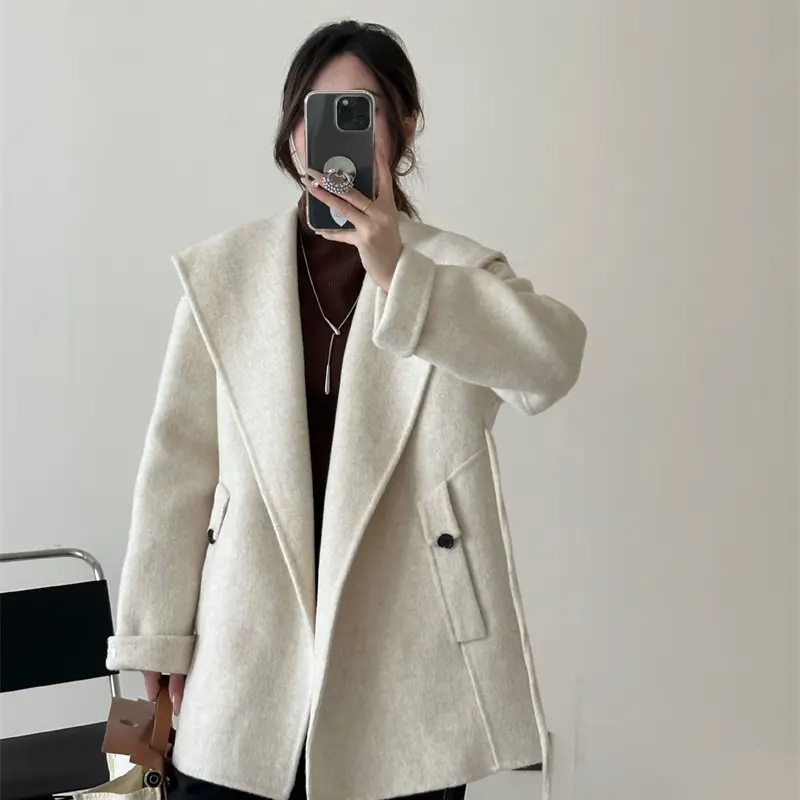 LANMREM High Qualtiy Korean Trendy Kahki Wool Coat Lapel Drop Shoulder Long Sleeves Tie-Up Warm Mid-Length Woolen Jacket 2DB4111