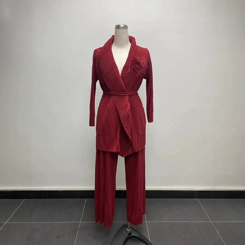LANMREM White New Pleated Women's Two Pieces Set Chic Elegant Casual Bandage Cardigan Blazer And Elastic Waist Pants 2DB3789