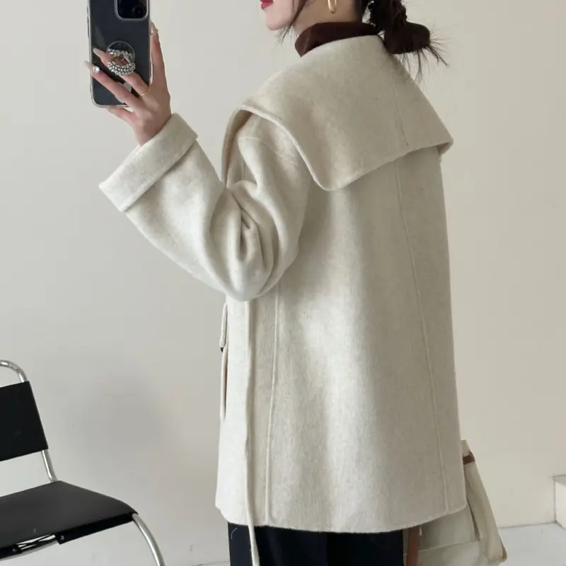 LANMREM High Qualtiy Korean Trendy Kahki Wool Coat Lapel Drop Shoulder Long Sleeves Tie-Up Warm Mid-Length Woolen Jacket 2DB4111