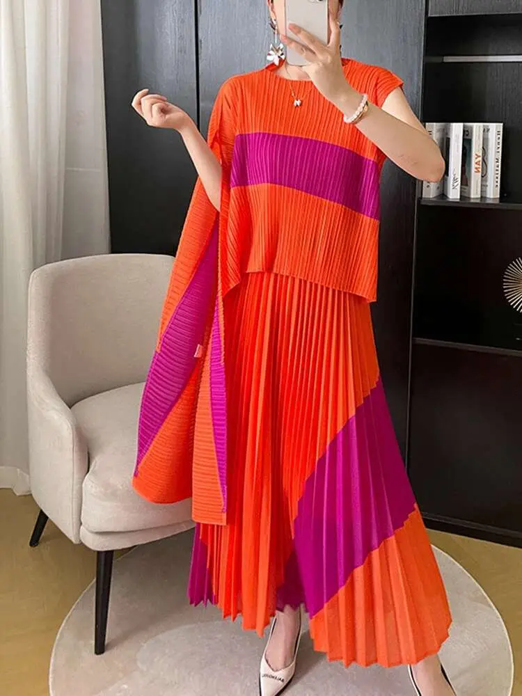 LANMREM 2 Pieces Pleated Set Women Irregular Print Color Block Shirt With Long Skirts Female Fashion Clothing 2025 New 2DA3805