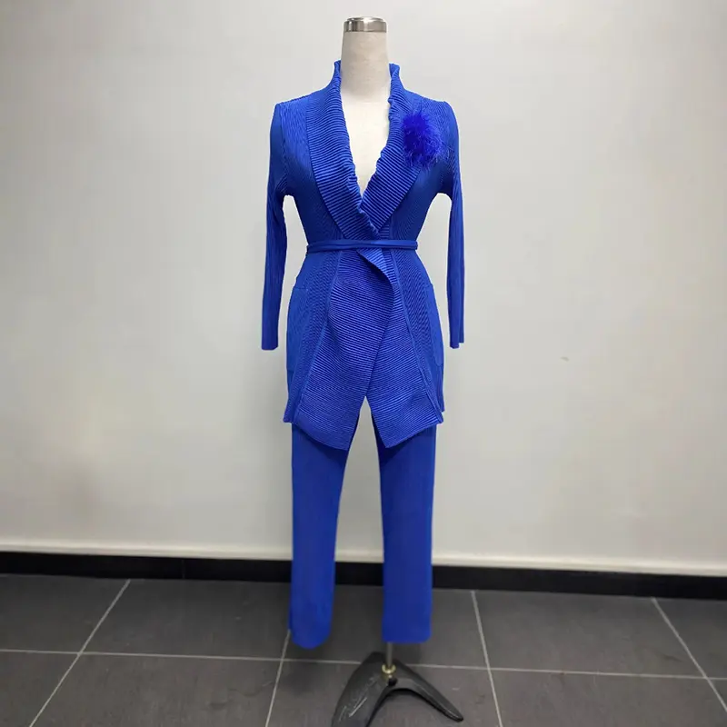 LANMREM White New Pleated Women's Two Pieces Set Chic Elegant Casual Bandage Cardigan Blazer And Elastic Waist Pants 2DB3789
