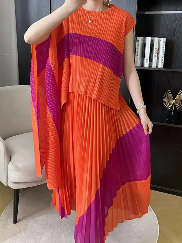 LANMREM 2 Pieces Pleated Set Women Irregular Print Color Block Shirt With Long Skirts Female Fashion Clothing 2025 New 2DA3805