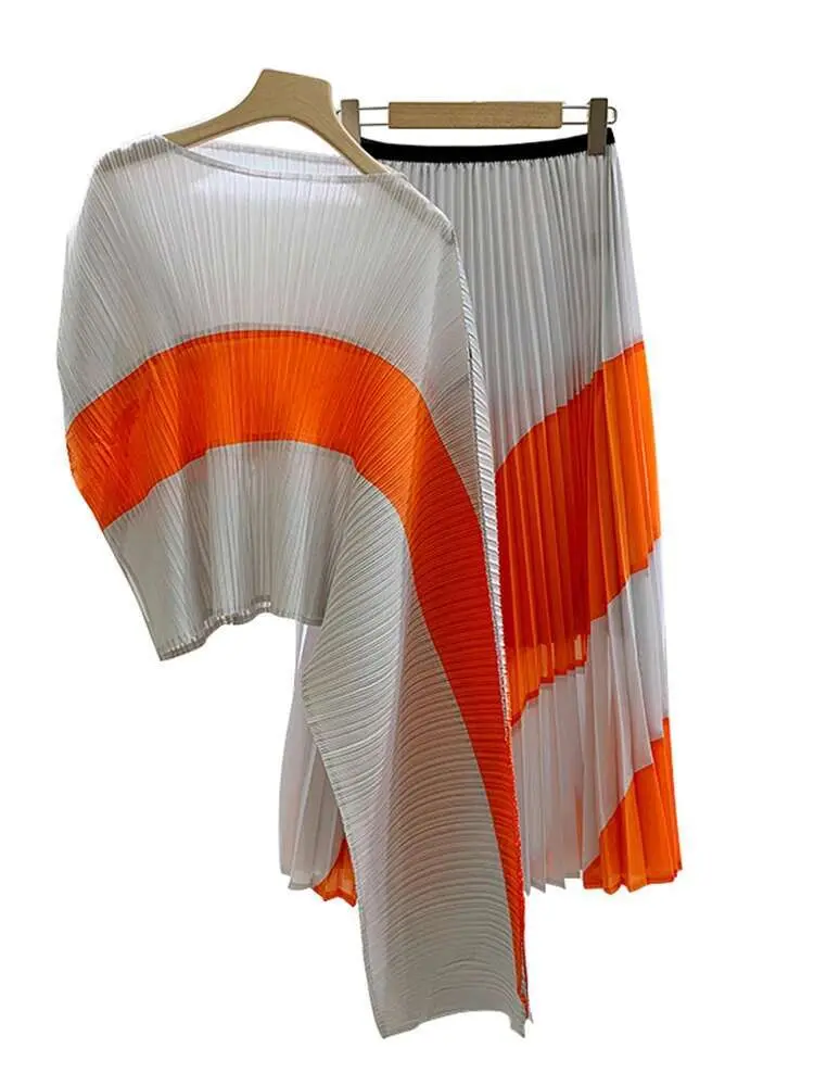 LANMREM 2 Pieces Pleated Set Women Irregular Print Color Block Shirt With Long Skirts Female Fashion Clothing 2025 New 2DA3805