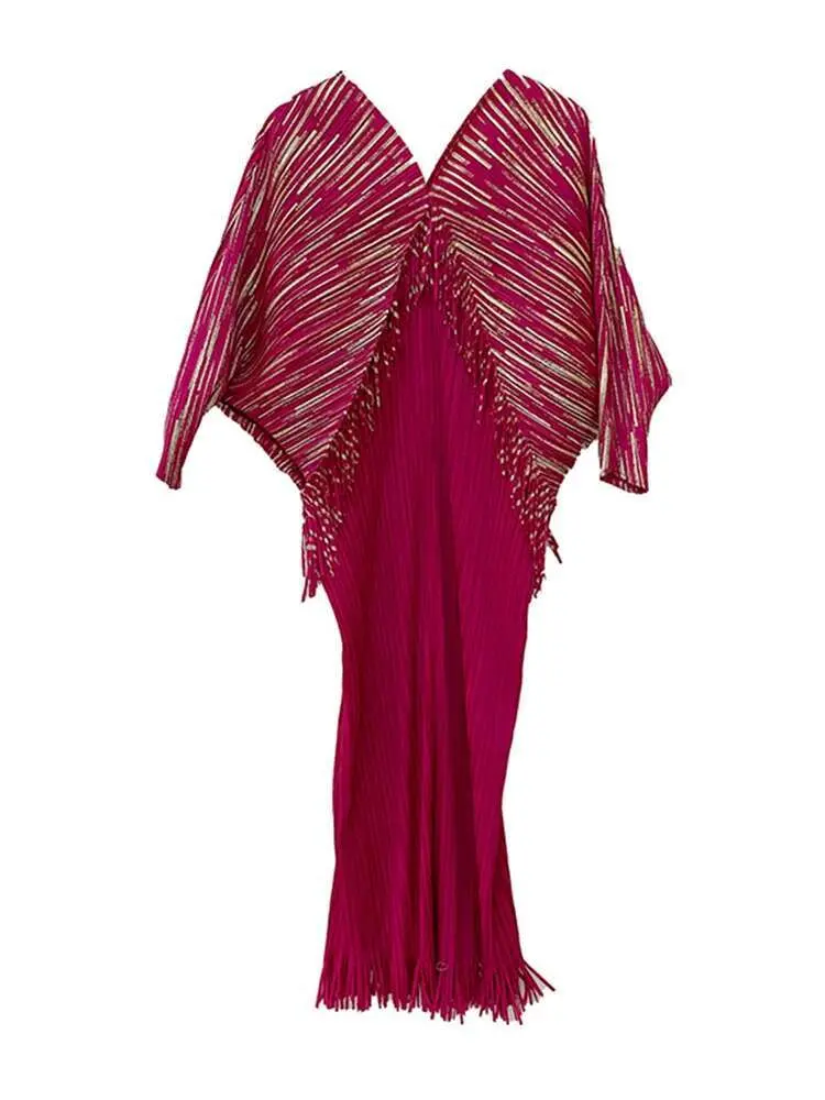 LANMREM Sequins Tassel Design Pleated Dress Women V Neck Batwing Sleeves Dresses Elegant Party 2025 Spring New Clothing 2DA4164