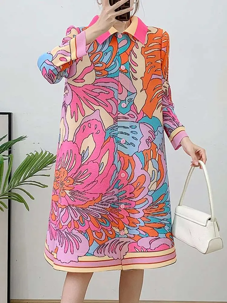 LANMREM Pink Print Pleated Dress For Women Lapel Long Sleeves Single Breasted Female Fashion Mid Length Dresses 2025 New 2DA6558