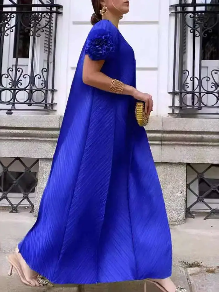 LANMREM Maxi Pleated Dress For Women Flower Short Sleeves Solid Color Feamle Fashion Clothing 2025 Summer New Dresses 2DA7807