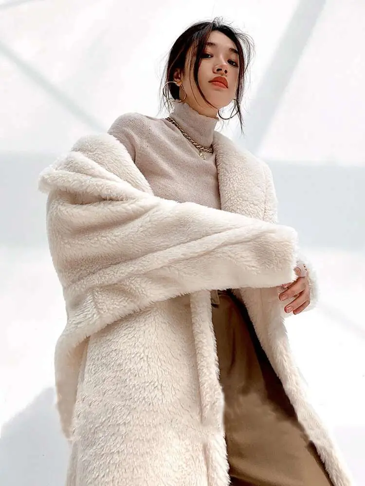 LANMREM Elegant Lamb Wool Coat Women's Lapel Solid Color Double Button Solid Color Pockets Design Coats 2024 Winter New 2Z2594