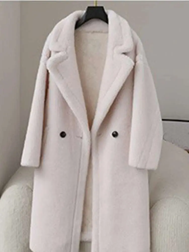 LANMREM Elegant Lamb Wool Coat Women's Lapel Solid Color Double Button Solid Color Pockets Design Coats 2024 Winter New 2Z2594