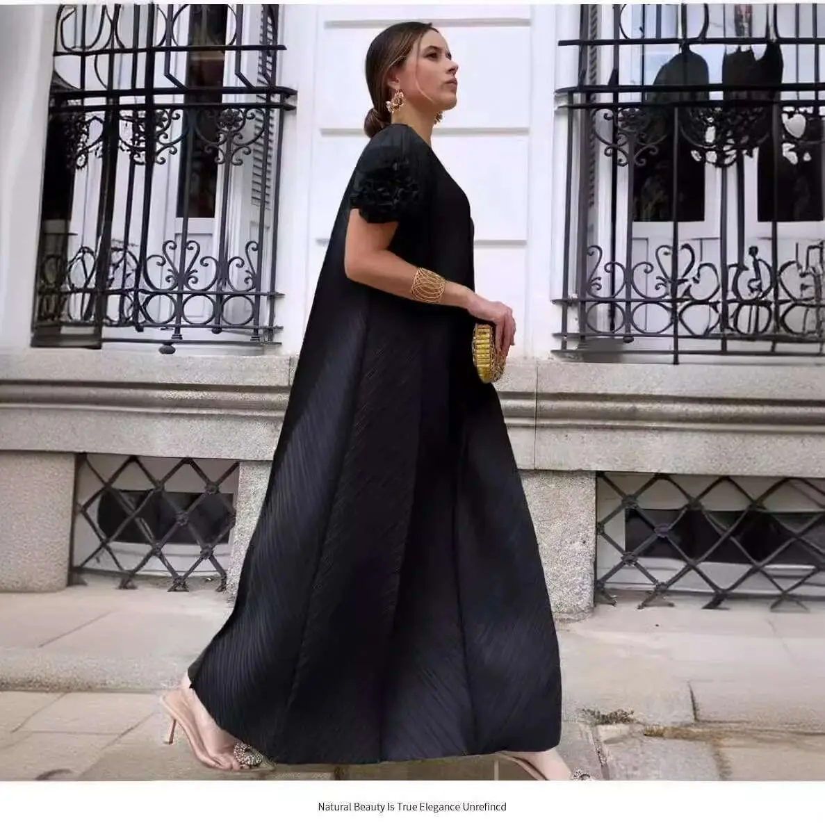 LANMREM Maxi Pleated Dress For Women Flower Short Sleeves Solid Color Feamle Fashion Clothing 2025 Summer New Dresses 2DA7807