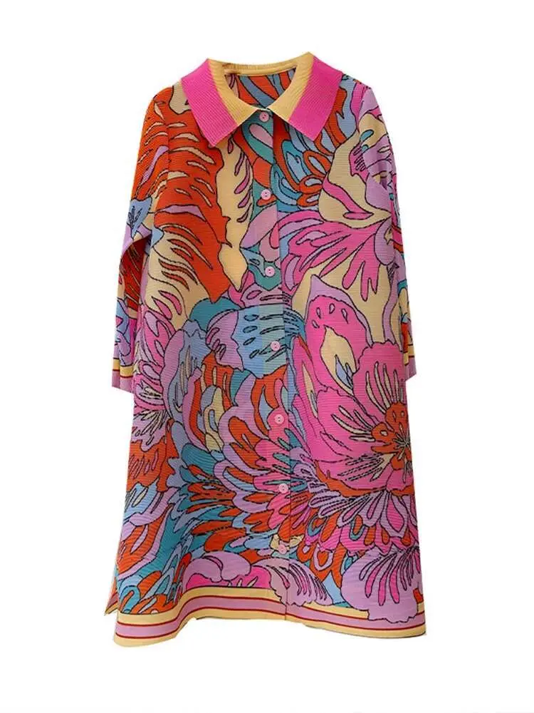 LANMREM Pink Print Pleated Dress For Women Lapel Long Sleeves Single Breasted Female Fashion Mid Length Dresses 2025 New 2DA6558