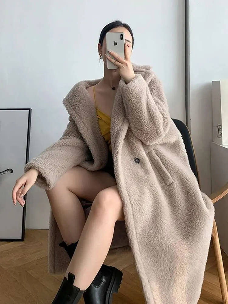 LANMREM Elegant Lamb Wool Coat Women's Lapel Solid Color Double Button Solid Color Pockets Design Coats 2024 Winter New 2Z2594
