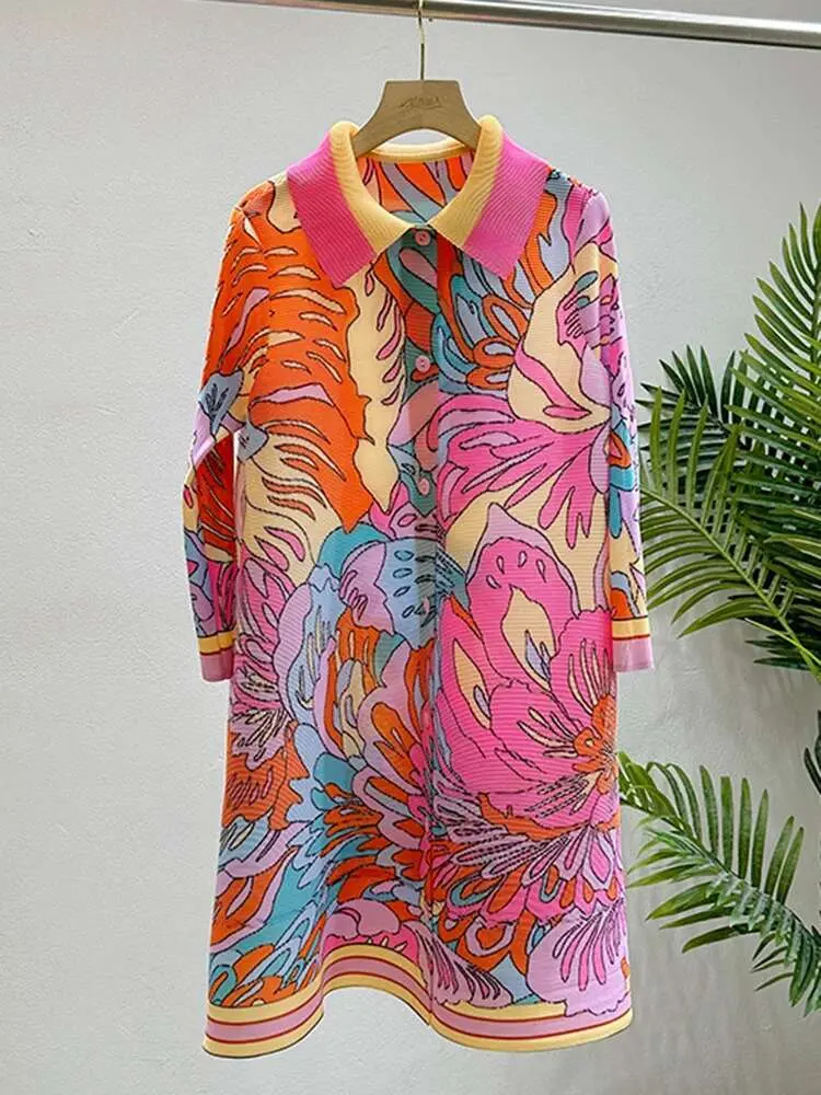 LANMREM Pink Print Pleated Dress For Women Lapel Long Sleeves Single Breasted Female Fashion Mid Length Dresses 2025 New 2DA6558