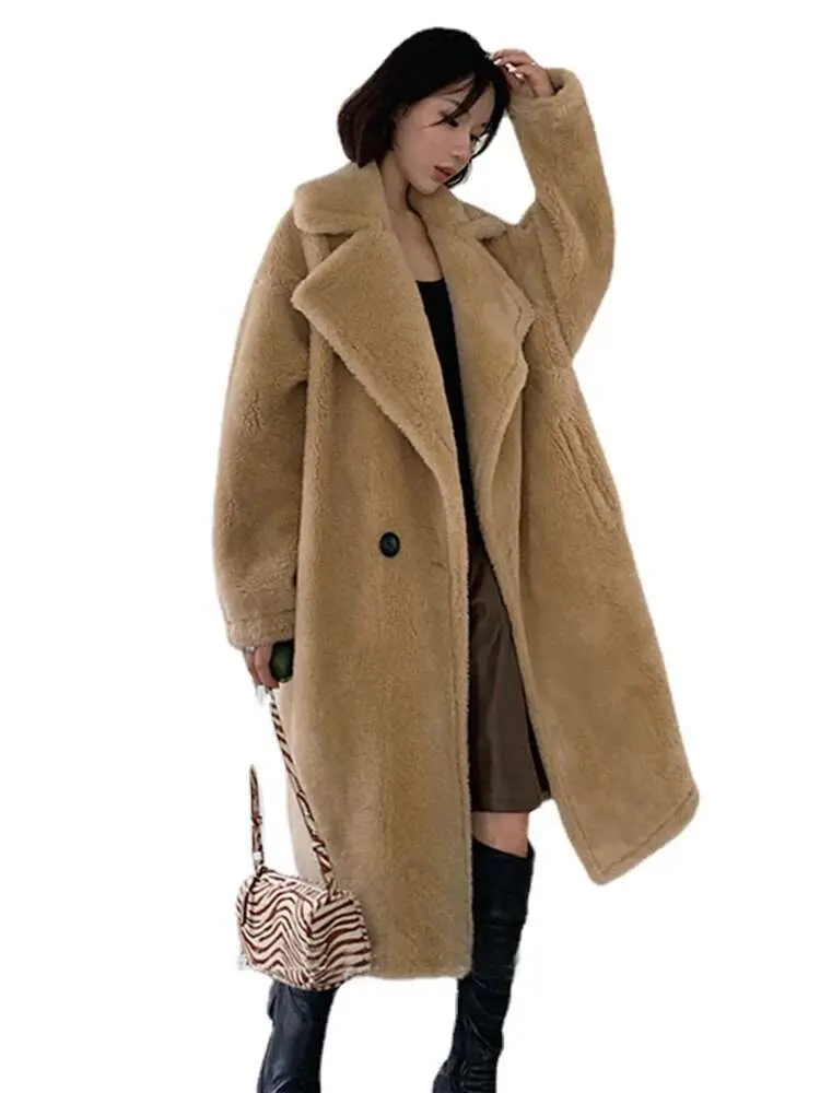 LANMREM Elegant Lamb Wool Coat Women's Lapel Solid Color Double Button Solid Color Pockets Design Coats 2024 Winter New 2Z2594