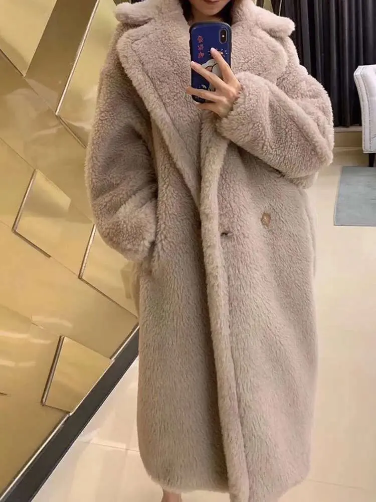 LANMREM Elegant Lamb Wool Coat Women's Lapel Solid Color Double Button Solid Color Pockets Design Coats 2024 Winter New 2Z2594