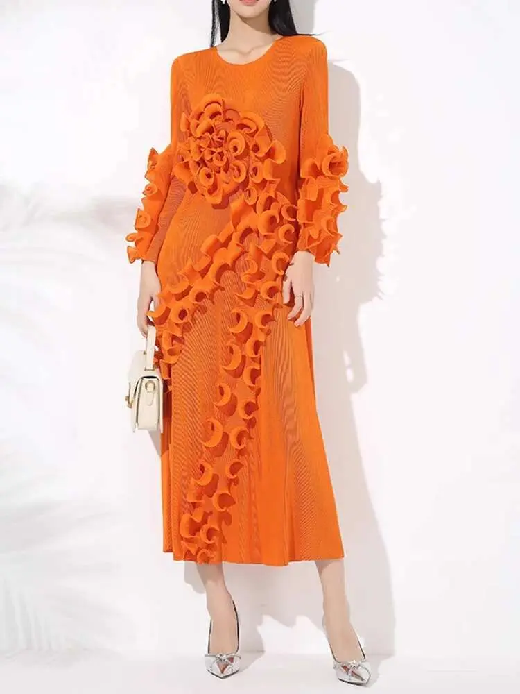 LANMREM Ruffles Pleated Dress For Women Round Neck Long Sleeves Solid Color Female Fashion Party Clothing 2025 Spring 2DB1543