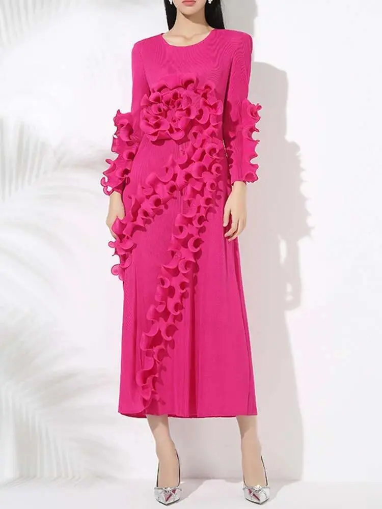 LANMREM Ruffles Pleated Dress For Women Round Neck Long Sleeves Solid Color Female Fashion Party Clothing 2025 Spring 2DB1543