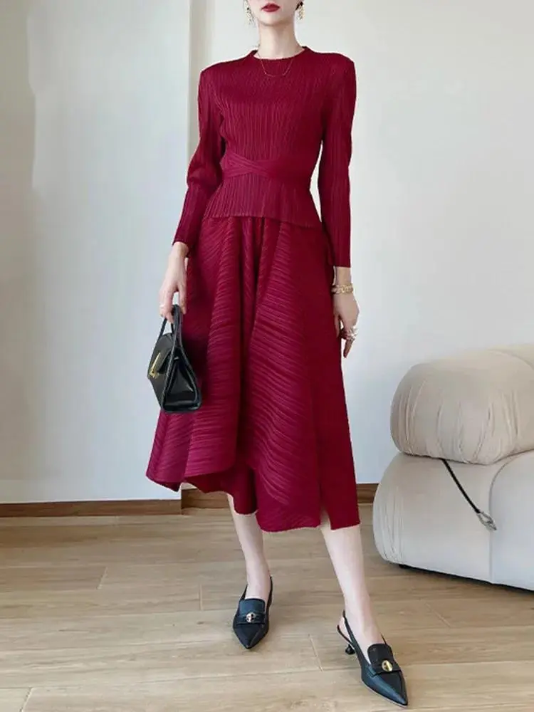 LANMREM Bandage Design Pleated Two Pieces Set Women's O-neck Pullover Tops And Elastic Waist Wide Leg Calf-length Pants 2YA713