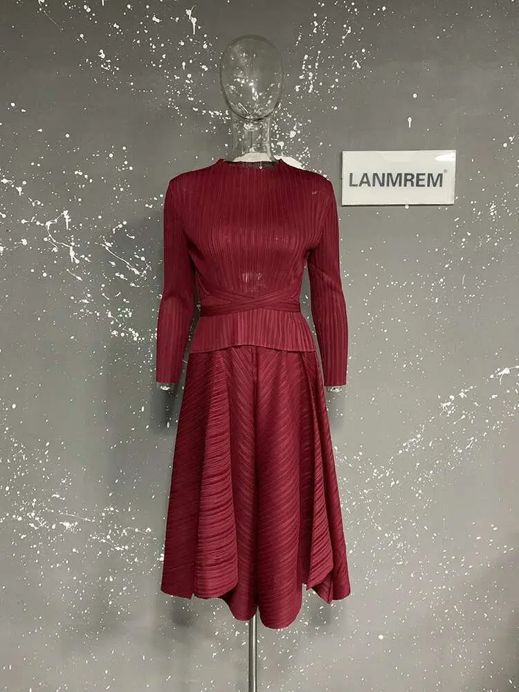 LANMREM Bandage Design Pleated Two Pieces Set Women's O-neck Pullover Tops And Elastic Waist Wide Leg Calf-length Pants 2YA713