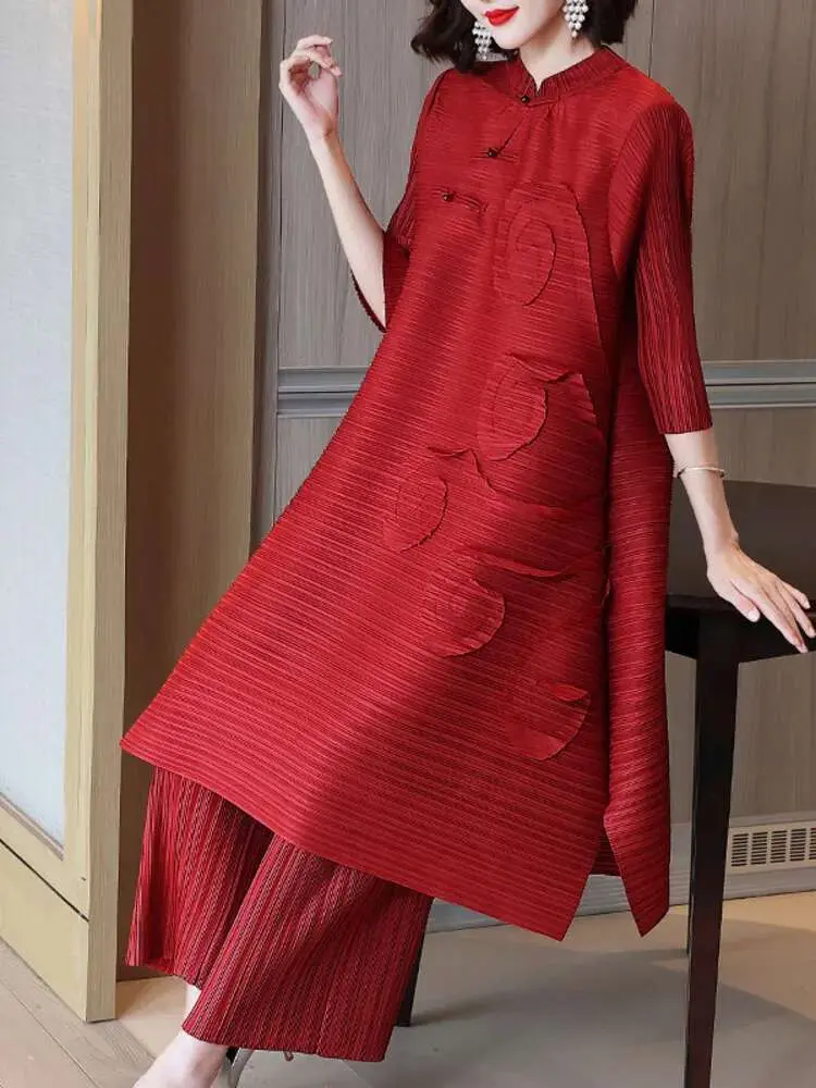 LANMREM Fashion Pleated 2 Pieces Set Women Stand Long Dresses High Waist Pants Solid Color Sets 2025 Autumn New Clothing 2AA2518