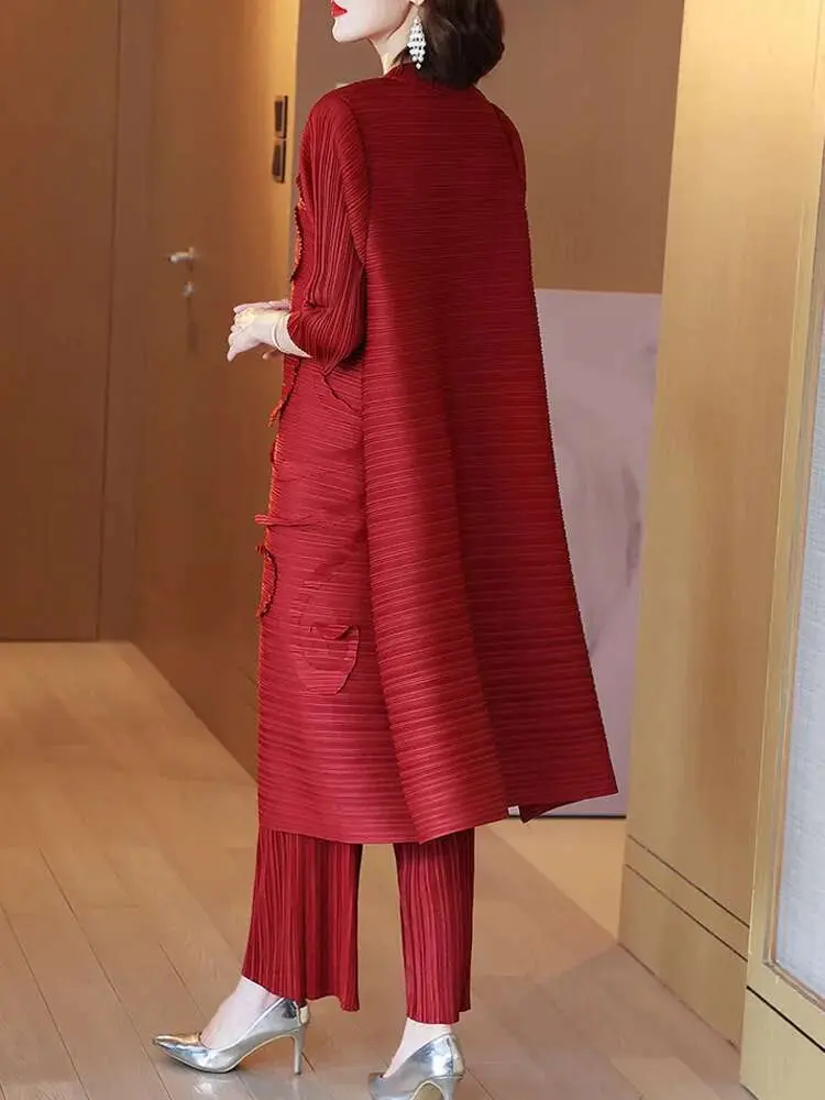 LANMREM Fashion Pleated 2 Pieces Set Women Stand Long Dresses High Waist Pants Solid Color Sets 2025 Autumn New Clothing 2AA2518