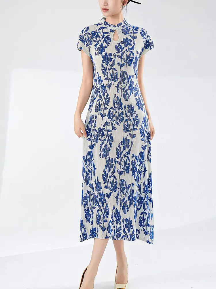 LANMREM Chinese Style Summer Cheongsam Dress Women's New Short Sleeve Stand Collar Blue Elastic Slime Women's Clothing 2DB3462