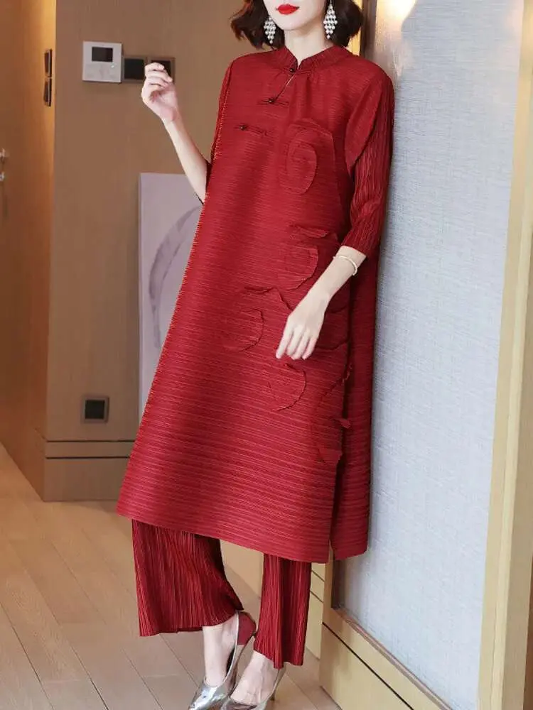 LANMREM Fashion Pleated 2 Pieces Set Women Stand Long Dresses High Waist Pants Solid Color Sets 2025 Autumn New Clothing 2AA2518