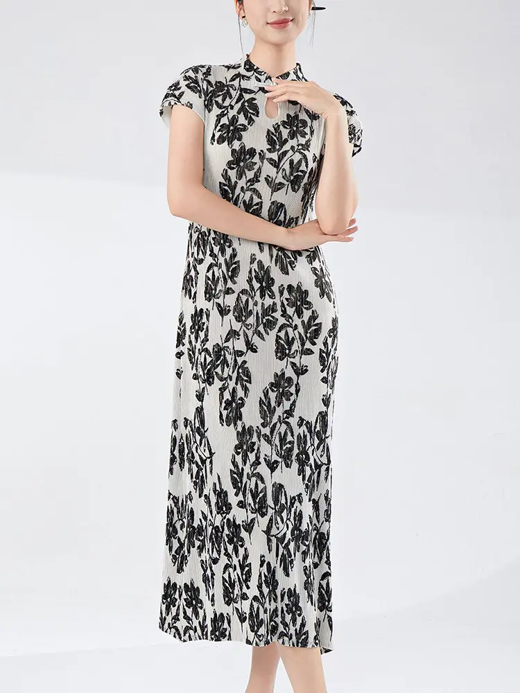 LANMREM Chinese Style Summer Cheongsam Dress Women's New Short Sleeve Stand Collar Blue Elastic Slime Women's Clothing 2DB3462