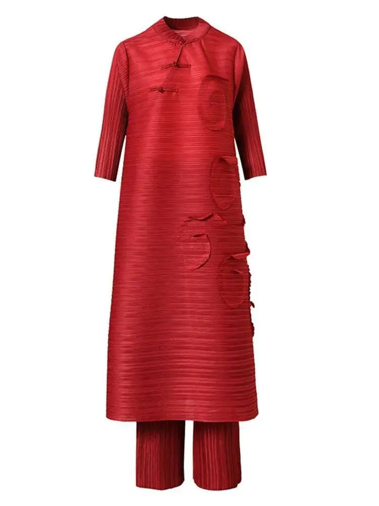 LANMREM Fashion Pleated 2 Pieces Set Women Stand Long Dresses High Waist Pants Solid Color Sets 2025 Autumn New Clothing 2AA2518