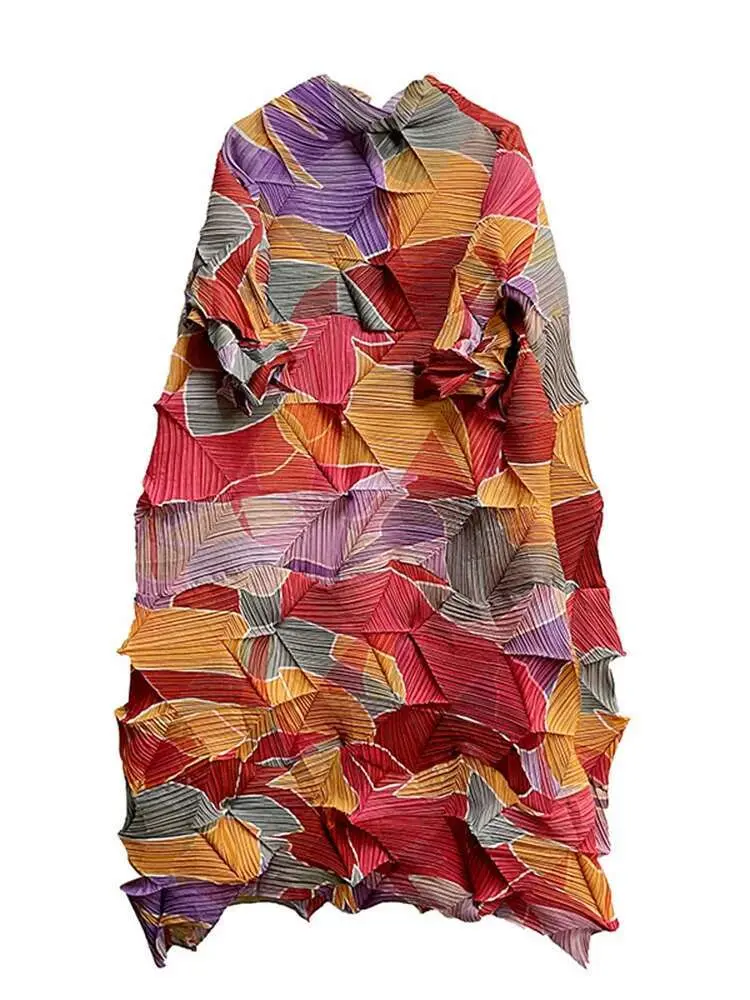 LANMREM Fold Dress For Women Color Block Loose Stretch Midi Dresses Female Fashion Pleated Dresses 2024 Spring New 2R4286