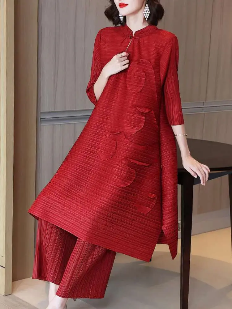 LANMREM Fashion Pleated 2 Pieces Set Women Stand Long Dresses High Waist Pants Solid Color Sets 2025 Autumn New Clothing 2AA2518
