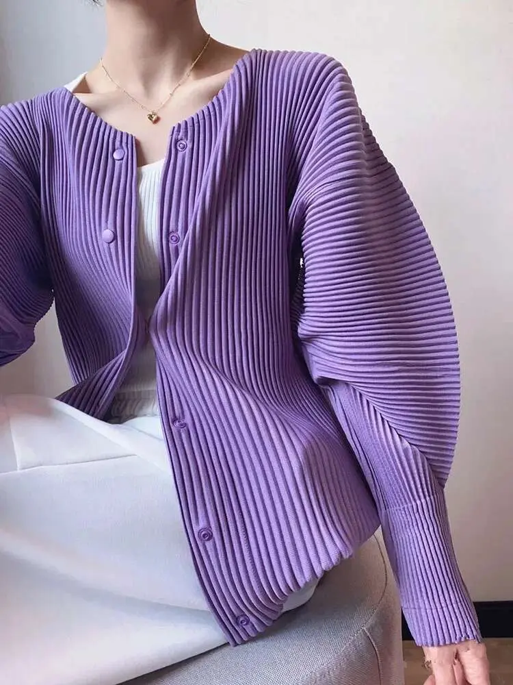 LANMREM Purple Pleated Shirt Loose Minority Buttoned Long Sleeves Round Neck Women's Fashion Clothing 2025 Spring New 2R3429