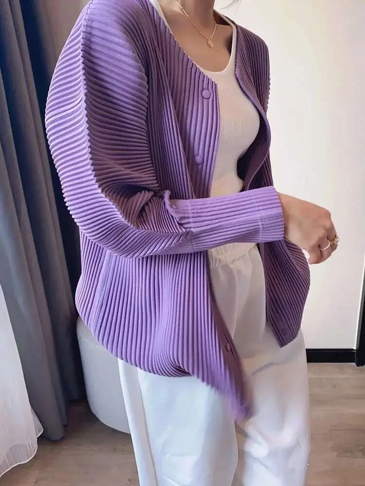 LANMREM Purple Pleated Shirt Loose Minority Buttoned Long Sleeves Round Neck Women's Fashion Clothing 2025 Spring New 2R3429