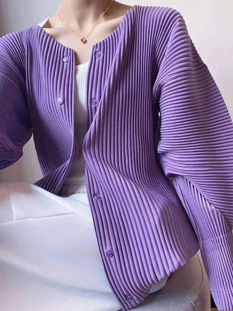LANMREM Purple Pleated Shirt Loose Minority Buttoned Long Sleeves Round Neck Women's Fashion Clothing 2025 Spring New 2R3429
